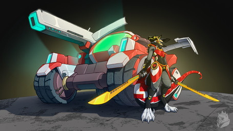 4_toes 5_fingers anthro armor barefoot biped black_background black_body black_fur black_hair blade cannon car claws clothed clothing cybernetics digitigrade feet fingers front_view fur glistening glowing glowing_eyes gold_(metal) grey_body grey_fur hair headgear holding_melee_weapon holding_object holding_sword holding_weapon horn long_tail machine male markings mecha melee_weapon metal metallic_body multicolored_body multicolored_fur pose ranged_weapon red_body shadow simple_background smile solo standing sword tail toe_claws toes tuft vehicle weapon yellow_eyes raubr1tter khandor android cyborg hybrid mammal protogen robot synth_(vader-san) crossover full-length_portrait portrait