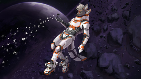 4_ears anthro cosmic_background detailed_background flying fur grey_body grey_fur hair inner_ear_fluff male multi_ear orange_body orange_fur planet solo space spacesuit tail tuft hilyasp canid canine canis mammal wolf 16:9 4k absurd_res digital_media_(artwork) digital_painting_(artwork) hi_res painting_(artwork) widescreen