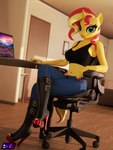 3:4 3d_(artwork) absurd_res anthro anthrofied boots bottomwear bra chair clothing computer denim denim_bottomwear denim_clothing digital_media_(artwork) electronics equestria_girls equid equine female footwear furniture hasbro hi_res high_heeled_boots high_heels horn jeans laptop looking_at_viewer mammal midriff my_little_pony mythological_creature mythological_equine mythology office_chair pants pen shadowboltsfm sitting solo sports_bra sunset_shimmer_(eg) underwear unicorn