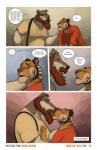 2018 anthro beard canid canine canis clothed clothing comic dialogue douglas_kim english_text facial_hair felid french_kissing hair hand_on_chest hi_res holding_head hybrid kissing looking_at_another male male/male mammal muscular mustache open_mouth pantherine purple_eyes red_eyes red_hair suspenders text tiger tongue tongue_out url wolfdog