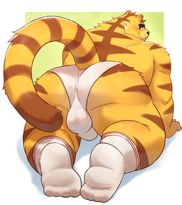 all_fours anthro barazoku big_bulge big_butt big_muscles blush border briefs bubble_butt bulge bulge_from_behind butt claws clothed clothing erection erection_under_clothing eyebrows footwear fur green_background huge_bulge huge_butt huge_muscles kemono looking_at_viewer looking_back looking_back_at_viewer male muscular muscular_anthro muscular_male presenting presenting_hindquarters rear_view seductive shadow simple_background smile socks solo teeth tenting text thick_thighs tighty_whities topless topless_anthro topless_male tuft underwear white_border white_briefs white_clothing white_footwear white_socks white_underwear o-ro animal_crossing nintendo tybalt_(animal_crossing) felid mammal pantherine tiger 2025 hi_res url