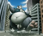 3_toes anthro balls belly big_belly biped black_nose blue_clothing blue_shirt blue_topwear bottomless bottomless_anthro bottomless_male building city claws clothed clothing cloud collared_shirt countershade_face countershade_feet countershade_fur countershade_torso countershading day detailed_background dipstick_ears ear_markings eyebrows feet finger_claws fingers flaccid foreskin front_view fur genitals grey_body grey_fur huge_belly humanoid_genitalia humanoid_penis logo looking_aside looking_down low-angle_view macro macro_anthro macro_male male male_anthro monotone_tail multicolored_body multicolored_ears multicolored_fur navel obese obese_anthro obese_male open_clothing open_mouth open_shirt open_smile open_topwear outside overweight overweight_anthro overweight_male pawpads penis pink_pawpads rolled_up_sleeves shirt shirt_only sky smile solo street street_lamp tail teeth toe_claws toes topwear topwear_only two_tone_body two_tone_fur walking whisker_spots white_body white_claws white_countershading white_eyebrows white_fur white_inner_ear gillpanda teaselbone_(character) canid canine canis mammal wolf 2013 artist_logo digital_media_(artwork) full-length_portrait portrait shaded