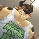 2_horns anthro horn looking_down low-angle_view male muscular muscular_anthro muscular_male nipples pecs solo worm's-eye_view taighet_28 extracurricular_activities pec_pov_meme chester_(extracurricular_activities) bovid bovine cattle mammal 2024 hi_res meme