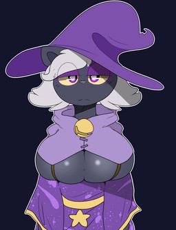 anthro bell big_breasts black_body black_fur breasts clothed clothing eyeshadow female fur hair hat headgear headwear huge_breasts looking_at_viewer makeup pupils purple_clothing purple_eyes purple_eyeshadow purple_nose purple_robe robe simple_background solo standing under_boob white_hair white_pupils witch_hat yellow_sclera backsash nemo_(simplifypm) domestic_cat felid feline felis mammal 2019 absurd_res digital_media_(artwork) hi_res