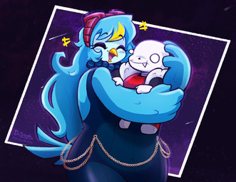 anthro autumn beak blue_body blue_bottomwear blue_clothing blue_feathers blue_fur blue_hair blue_topwear blush blush_lines bone border bottomwear breasts chain cheek_tuft chest_tuft clothed clothing cloud covered_breasts curvy_figure dark_clothing detailed_background dress eyebrow_through_hair eyebrows eyelashes eyes_closed eyewear facial_tuft feather_hair feather_hands feathered_wings feathers female fingers footwear fur goggles hair happy heart_symbol hug hugging_another jewelry long_hair male male/female multicolored_hair neck_tuft necklace non-mammal_breasts open_mouth outside pants pseudo_hair raised_eyebrows shoes shooting_star simple_background size_difference skeleton smile standing star tail tail_feathers thick_thighs tongue topwear translucent translucent_hair tuft white_border white_eyes wide_hips winged_arms wings yellow_beak stephsartlab undertale undertale_(series) undertale_yellow fan_character martlet_(undertale_yellow) avian bird monster digital_media_(artwork)