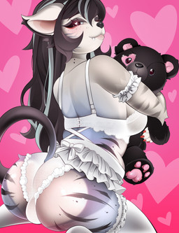 anthro black_nose blush bottomwear bra bulge bulge_from_behind butt claws clothing eyelashes freckled_face freckles frilly frilly_clothing fur gynomorph hair half-closed_eyes heart_symbol hug hugging_object hugging_plushie intersex kneeling legwear lingerie lips long_eyelashes long_hair looking_at_viewer looking_back looking_back_at_viewer markings narrowed_eyes panties pink_lips plushie raised_tail rear_view red_claws skirt smile solo stockings striped_body striped_fur striped_markings stripes tail underwear white_bottomwear white_bra white_clothing white_legwear white_panties white_skirt white_stockings white_underwear miyamir domestic_cat felid feline felis mammal 2025 colored digital_drawing_(artwork) digital_media_(artwork) hi_res shaded