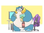 2024 anthro belly big_belly blue_body cellphone chair chips_(food) clothing computer electronics eyes_closed food furniture generation_1_pokemon ginsingoo1 headphones kemono male nintendo overweight overweight_male phone pokemon pokemon_(species) smartphone snorlax solo underwear