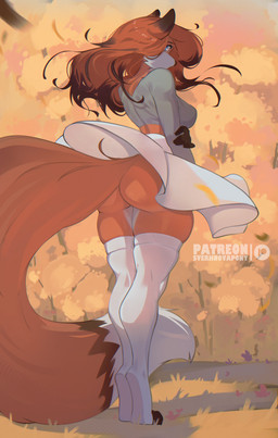 anthro big_butt big_tail biped black_ear_tips black_eyebrows black_fingers black_hands black_highlights black_toes blue_eyes bottomwear breasts brown_markings brown_nose butt cheek_tuft clothed clothed_anthro clothed_female clothing countershade_face countershade_fur countershade_legs countershade_thighs countershading crop_top dipstick_ears dipstick_hair dipstick_tail ear_markings eyebrows eyelashes facial_tuft feet feet_together female female_anthro fingers flowing_hair fur fur_tuft grass grey_clothing grey_crop_top grey_shirt grey_topwear hair hand_on_arm hand_on_own_arm highlights_(coloring) humanoid_hands legs_together legwear long_hair long_sleeves long_tail looking_at_viewer looking_back looking_back_at_viewer markings medium_breasts midriff monotone_bottomwear monotone_clothing monotone_crop_top monotone_legwear monotone_shirt monotone_skirt monotone_stockings monotone_thigh_highs monotone_topwear multicolored_body multicolored_ears multicolored_fur no_underwear orange_body orange_ears orange_fur orange_tail outside plant pose rear_view shirt skirt snout solo squish standing stockings tail tail_markings tail_under_skirt text thick_thighs thigh_highs thigh_squish thigh_stockings three-quarter_view toeless_legwear toeless_stockings toeless_thigh_highs toes topwear tree tuft upskirt white_body white_bottomwear white_clothing white_countershading white_fur white_legwear white_markings white_sclera white_skirt white_snout white_stockings white_tail_tip white_text white_thigh_highs white_tuft wind_lift sverhnovapony canid canine fox mammal 2026 absurd_res artist_name digital_drawing_(artwork) digital_media_(artwork) full-length_portrait hi_res pinup portrait shaded watermark