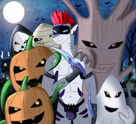 anthro bikini_thong cemetery clothing food fruit group holidays male male/male plant pumpkin swimwear ubiratan halloween aquatic fish ghost monster mummy shark spirit undead low_res