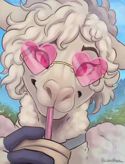 anthro beverage choker collar container cup drinking_straw eyelashes eyewear female fur glasses hair heart_glasses jewelry looking_at_viewer necklace red_eyes smile solo tan_body tan_fur tinted_glasses wearing_glasses comfortdoggo camelid llama mammal bust_portrait hi_res portrait