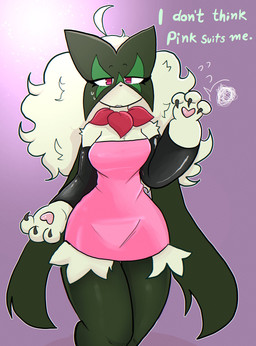 3_fingers ahoge anthro black_sleeves breasts claws clothing dress eyelashes female female_anthro finger_claws fingers fur gradient_background green_body green_fur hair half-closed_eyes looking_at_viewer medium_breasts narrowed_eyes paws pink_clothing pink_dress red_eyes simple_background solo standing text wide_hips rosedreams nintendo pokemon generation_9_pokemon meowscarada pokemon_(species) absurd_res english_text hi_res