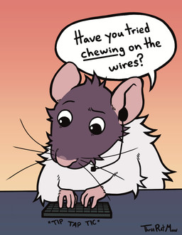 4_fingers biped black_eyes dialogue electronics feral fingers fur headgear headphones headset headset_microphone keyboard onomatopoeia pink_ears pink_nose solo sound_effects speech_bubble text whiskers white_body white_fur threeratmoon mammal murid murine rat rodent 2025 english_text