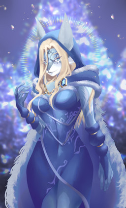 5_fingers alternate_species anthro anthrofied arm_warmers armwear aureola bangs biped blonde_eyebrows blonde_eyelashes blonde_hair blue_body blue_clothing blue_dress blue_eyes blue_fur blue_gem blue_hood blue_nose blurred_background breasts bridal_gauntlets cleavage clothed clothed_anthro clothed_female clothing dress ears_up eyebrows eyelashes eyelashes_through_hair facial_markings female female_anthro fingers forehead_markings form_fitting fur fur_trim_cloak furrification fusion gem hair head_markings long_hair looking_at_viewer markings medium_breasts navel_outline pointy_ears prick_ears side_bangs slim_anthro slim_female small_waist smile smiling_at_viewer snout solo standing translucent translucent_hair ventral_groove wide_hipped_anthro wide_hipped_female irushi000 dota valve crystal_maiden_wolf_persona rylai_the_crystal_maiden canid canine canis mammal wolf 2022 absurd_res digital_media_(artwork) hi_res portrait three-quarter_portrait
