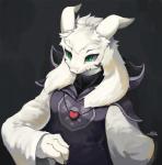 anthro clothed clothing front_view fur green_eyes heart_symbol horn jewelry male necklace robe simple_background solo standing white_body white_fur arcticneu undertale undertale_(series) asriel_dreemurr_(god_form) boss_monster_(undertale) bovid caprine mammal 2016 digital_media_(artwork)