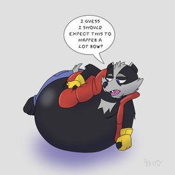 anthro belly belly_inflation big_belly black_body black_fur black_nose blue_bottomwear blue_clothing blue_eyes blue_pants bottomwear breaking_the_fourth_wall clothing dialogue expansion fingerless_gloves fur gloves handwear immobile inflation looking_at_self male male_anthro meta_humor pants puffer_vest question_mark shadow simple_background solo speech_bubble text unimpressed white_background yellow_clothing yellow_gloves yellow_handwear wot bradley_the_badger_(game) bradley_(bradley_the_badger) badger mammal mustelid musteline 1:1 2025 digital_drawing_(artwork) digital_media_(artwork) english_text hi_res shaded signature soft_shading