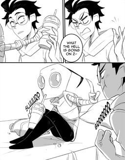 aged_up ahoge antennae_(anatomy) bald bed black_hair clothed clothing dialogue drinking duo eyewear furniture glasses hair male on_bed pak sitting sitting_on_bed speech_bubble text topwear inimoose invader_zim nickelodeon dib_membrane zim_(invader_zim) alien alien_humanoid human humanoid mammal comic digital_media_(artwork) english_text hi_res monochrome