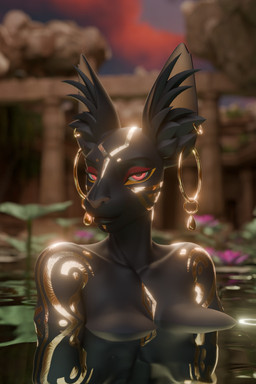 anthro bedroom_eyes big_ears black_body close-up depth_of_field ear_piercing ear_ring ear_tuft female glowing glowing_eyes gold_tattoo hoop_ear_ring looking_at_viewer markings narrowed_eyes outside partially_submerged piercing red_eyes reflection ring_piercing ruins seductive smile smiling_at_viewer solo tattoo tuft water fever-dreamer dayumboai_(modeler) leothemodeler_(modeler) shimia_orcosa felid feline mammal 2:3 3d_(artwork) absurd_res digital_media_(artwork) hi_res portrait