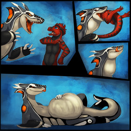 anthro anthro_prey black_body black_skin blue_background blue_eyes bodily_fluids claws devious digitigrade duo feral feral_pred forced fully_inside grey_body grey_skin lying male mean nude on_back oral_vore orange_body orange_skin partially_inside quadruped red_body red_skin saliva scales scared simple_background smile standing tail teeth thick_tail tongue tongue_out ventral_scales vore white_body white_claws white_skin vorelord furx_(character) lizard reptile scalie 1:1 2012 comic digital_media_(artwork) digital_painting_(artwork) hi_res painting_(artwork)
