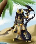 anthro biped black_body black_fur black_hair claws clothed clothing decorative_scarab desert dragon_scale_armor egyptian egyptian_clothing egyptian_soldier fur grey_body hair horn looking_at_viewer male melee_weapon membrane_(anatomy) muscular muscular_anthro muscular_male oasis outside plant simple_background sky solo sword tail tree weapon yellow_body yellow_eyes sa-chat mythology nefer dragon mythological_creature mythological_scalie scalie 2020 digital_media_(artwork) hi_res