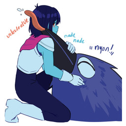 armor beak blue_body blue_skin blush bodily_fluids boots clothed clothing duo eyes_closed feral fluffy footwear gloves handwear happy hug kneeling looking_back mouth_closed petting red_eyes saliva shoes simple_background text tongue tongue_out white_background dendenmushi1064 deltarune undertale_(series) kris_dreemurr avian bird darkner human kawkaw_(deltarune) mammal hi_res