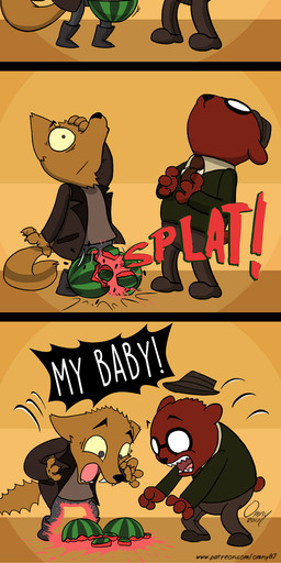 anthro biped bottomwear canon_couple clothed clothing curious duo eyewear fangs food fruit fully_clothed fur gaping_mouth glasses grin hat headgear headwear holding_laugh humor jacket laugh male melon necktie oops open_mouth open_smile pants plant pun shirt shocked smile snout speech_bubble surprised teeth text topwear watermelon omny87 night_in_the_woods angus_delaney gregg_lee bear canid canine fox mammal 2017 absurd_res comic english_text hi_res long_image signature tall_image
