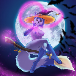 anthro blue_body blue_hair breasts broom broom_riding butt cleaning_tool clothing crossed_legs dipstick_tail female genitals gloves_(marking) hair hat headgear headwear heart_symbol holidays leg_markings light looking_down magic markings moonlight nipples nude short_hair socks_(marking) solo tail tail_markings witch_hat yellow_eyes belassa night_star_(wolf) ambient_bat canid canine canis mammal wolf absurd_res hi_res