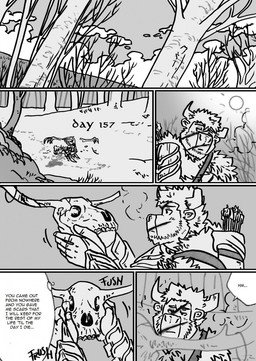 anthro bone clothed clothing dialogue facial_scar forest hairy male muscular muscular_anthro muscular_male outside plant scar simple_background snow solo sun text tree weapon wounded husky92 european_mythology greek_mythology mythology bovid bovine mammal minotaur comic english_text hi_res monochrome multiple_scenes
