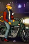 anthro cigarette clothed clothing hair male motorcycle pink_hair pink_nose smoking solo vehicle thathornycat capitoline_ranch disney royal_enfield the_lion_guard the_lion_king tab_(thathornycat) domestic_cat felid feline felis lion mammal pantherine hi_res