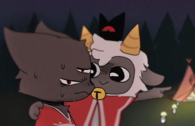3_eyes :> anthro bell bell_collar biped bodily_fluids candle clothing collar duo fur gesture grey_body grey_fur grimace hand_gesture horizontal_pupils horn looking_at_another looking_at_viewer looking_down looking_down_at_another male multi_eye night out_of_focus outside plant pointing poncho pupils stare sweat tent tree wavy_mouth white_body white_fur wool_(fur) wool_hair yellow_horn dapong cult_of_the_lamb massive_monster_(studio) lamb_(cult_of_the_lamb) narinder red_crown_(cult_of_the_lamb) bovid caprine domestic_cat felid feline felis mammal sheep digital_drawing_(artwork) digital_media_(artwork) hi_res