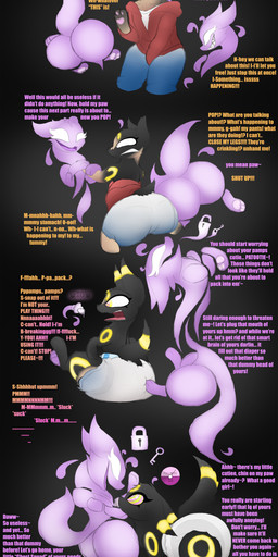 age_regression ambiguous_gender anthro clothing corruption diaper duo female feral gender_transformation hypnosis intelligence_loss lock_symbol male mind_control mtf_transformation pacifier possession text transformation allbadbadgers conditional_dnp nintendo pokemon eeveelution generation_2_pokemon human mammal pokemon_(species) umbreon wraitheon absurd_res english_text hi_res story story_in_description