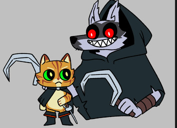 anthro arm_wrapping arm_wraps boots cape cheek_tuft cloak clothing dual_wielding duo facial_markings facial_tuft footwear frown fur fuzzy green_eyes grey_background grey_body grey_fur grin head_markings holding_object holding_weapon hood hood_up hooded_cloak looking_at_another male markings mask_(marking) melee_weapon orange_body orange_fur poncho pupils rapier red_eyes sharp_teeth shoes sickle simple_background size_difference smile standing style_emulation sword teeth tuft weapon white_pupils wrapped_arms wraps smollco cult_of_the_lamb dreamworks massive_monster_(studio) puss_in_boots_(franchise) death_(puss_in_boots) puss_in_boots_(dreamworks) canid canine canis domestic_cat felid feline felis mammal tabby_cat wolf flat_colors