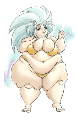 anthro barefoot belly big_belly big_breasts bikini breasts cleavage clothed clothing feet female fupa gold_bikini green_hair hair huge_belly huge_breasts navel obese obese_anthro obese_female overweight overweight_anthro overweight_female pig_ears pig_nose simple_background solo swimwear thick_thighs two-piece_swimsuit white_background yellow_eyes ryoxxl tenchi_muyo ryoinko_(ryoxxl) ryoko_hakubi domestic_pig mammal suid suine sus_(pig) full-length_portrait hi_res portrait