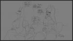2018 anthro bat big_breasts black_border border bottomwear breasts canid canine canis chips_(food) clothed clothing curvy_figure dialogue dobermann domestic_dog dusk_(tabuley) english_text eyeliner female food fox fully_clothed grey_background greyscale headgear headwear hourglass_figure laverne_(sssonic2) legwear looking_at_another makeup mammal mature_anthro mature_female megabat monochrome nun open_mouth pinscher potato_chips prick_ears profanity shirt shorts simple_background sitting size_difference sketch small_waist stockings tabuley tank_top text topwear