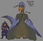 anthro armor beak collar derp_eyes duo feathers feet female genitals leash male name_tag pussy snaggle_tooth spread_legs spreading talons text toes medicinal_succ no_thoughts_head_empty pathfinder scale_knight_(medicinalsucc) humanoid jubjub_bird absurd_res english_text hi_res