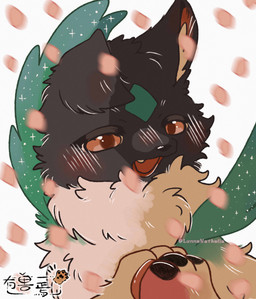 black_body black_fur blush cherry_blossom chest_tuft facial_markings feral floppy_ears flower forehead_markings front_view fur fur_tuft grey_body grey_fur half-closed_eyes head_markings inner_ear_fluff male male_feral markings multicolored_body multicolored_fur narrowed_eyes offscreen_character orange_eyes paws plant prunus_(flower) quadruped simple_background solo sparkles sparkling_body sparkling_fur text tuft white_background white_body white_fur lunnanathalia fabulous_beasts zhuangzhuang_(fabulous_beasts) canid canine mammal tianma 2026 absurd_res artist_name bust_portrait copyright_name digital_drawing_(artwork) digital_media_(artwork) hi_res portrait shaded soft_shading watermark