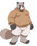 anthro bottomwear clothing facial_piercing hoodie humanoid_hands male nose_piercing nose_ring overweight overweight_male piercing ring_piercing shorts simple_background solo topwear apricotsammi canid canine mammal raccoon_dog tanuki 2023 hi_res