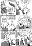 anthro anus areola balls bent_over big_breasts bovid bovine breasts caprine cattle cleavage clothed clothing comic dialogue doctor_dee duo english_text erect_nipples erection female genitals goat greyscale horn huge_breasts karno male mammal monochrome nipples penis pussy tail tail_tuft text tuft undressing