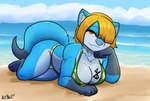 anthro beach big_breasts bikini blonde_hair blue_body blue_fur breast_tattoo breasts cleavage clothed clothing cloud female full_render fur hair hi_rez neck_tuft outside short_hair solo swimwear tail tattoo thick_thighs tuft two-piece_swimsuit water bear213 mammal mustelid otter hi_res