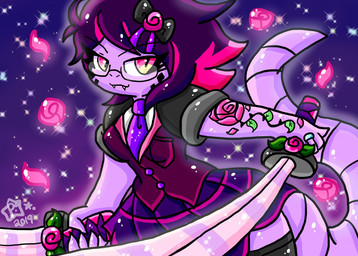 anthro bottomwear clothing eyewear female flower glasses hair melee_weapon necktie plant purple_body purple_hair rose_(flower) shirt skirt solo sword tattoo topwear weapon lewdchuu nintendo pokemon isabella_(lewdchuu) arbok generation_1_pokemon pokemon_(species) hi_res