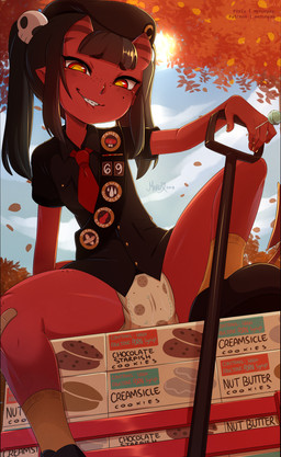 autumn bandage bite biting_lip clean_diaper clothed clothing cookie detailed_background diaper female food freckled_face freckled_legs freckled_thighs freckles looking_at_viewer red_body smaller_adult solo suggestive_text vehicle wagon wearing_diaper merunyaa girl_scout meru_(merunyaa) demon humanoid hi_res
