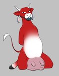 anthro ball_gag biped female feral gag grey_background hooves horn red_body simple_background solo tail tail_tuft teats tuft udders causationcorrelation the_laughing_cow bovid bovine cattle mammal