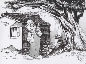 anthro building clothed clothing eyewear glasses grass logo looking_up male male_anthro mouth_closed outside plant rock smoking_pipe solo standing tree window pandapaco canid canine canis domestic_dog mammal artist_logo monochrome signature