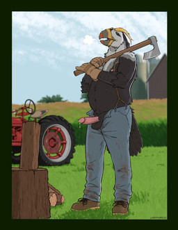 anthro axe balls beak black_body black_feathers bodily_fluids boots bottomwear breath clothed clothing denim denim_bottomwear denim_clothing erection feathers footwear genital_fluids genitals grass grey_body grey_feathers holding_object holding_weapon humanoid_genitalia humanoid_penis jeans male male_anthro musclegut muscular muscular_anthro muscular_male nipples open_bottomwear open_clothing open_pants orange_body outside overweight overweight_anthro overweight_male panting pants penis pink_penis plant precum precum_string shoes solo standing suspenders tail tail_feathers topless topless_anthro topless_male tractor vehicle weapon white_body white_feathers wood yellow_body yellow_feathers labradorszn alcid avian bird lari puffin tufted_puffin 2026 hi_res