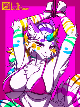 abstract_background anthro bdsm bondage bound bra clothing female hands_tied looking_at_viewer pose smile smirk solo suggestive teasing underwear lostdanver absurd_res digital_media_(artwork) hi_res shaded