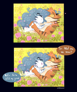 accessory anthro blue_hair blush casual_nudity cuddling daww dialogue duo female flower flower_bed flower_in_hair fur grass hair hair_accessory interspecies intraspecies_romance long_hair looking_pleasured love lovers_moment lying male male/female nude orange_body orange_fur outside peaceful peaceful_scenery plant romantic romantic_ambiance romantic_couple rose_(flower) tasteful_nudity tender tenderness text white_body white_fur siliciaart in_the_burrow agatha_(siliciaart) lawrence_(siliciaart) felid feline felis mammal pantherine tiger 2026 comic digital_media_(artwork) english_text hi_res