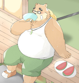 anthro band-aid bandage belly big_belly blush bottomwear clothing detailed_background eyewear food fruit glasses hat headgear headwear kemono male melon overweight overweight_male pants plant shirt sitting solo straw_hat topwear watermelon watermelon_slice ginsingoo1 lifewonders tokyo_afterschool_summoners volos_(tas) bear mammal 2023