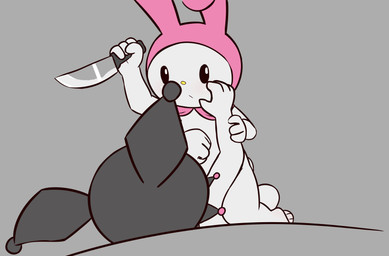 anthro attack barefoot clothing duo feet female fight fur hoodie imminent_death kneeling knife nude nude_female topwear violence white_body white_fur e254e onegai_my_melody sanrio kuromi my_melody demon lagomorph leporid mammal rabbit absurd_res hi_res