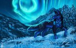 ambiguous_gender detailed_background feral fur green_eyes night outside paws sky smile snow solo standing star starry_sky flashw canid canine canis mammal wolf 2022 cool_colors digital_media_(artwork) digital_painting_(artwork) teal_theme