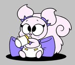 anthro baby baby_bottle beverage big_bow bow_ribbon clean_diaper clothed clothing diaper drinking female fur grey_background pigtails pink_body pink_fur simple_background sitting solo wearing_diaper young young_anthro young_female mrvonfuzzlebutt neopets neopet_(species) usul_(neopets) 2023