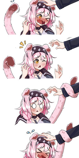 accessory blush bodily_fluids collar disembodied_hand duo female flustered hair headband headpat one_eye_closed open_mouth pink_hair prehensile_tail simple_background smile surprised sweat tail tail_grab tears white_background nhim arknights hypergryph studio_montagne goldenglow_(arknights) animal_humanoid cat_humanoid felid felid_humanoid feline feline_humanoid humanoid mammal mammal_humanoid 2022 absurd_res digital_media_(artwork) hi_res